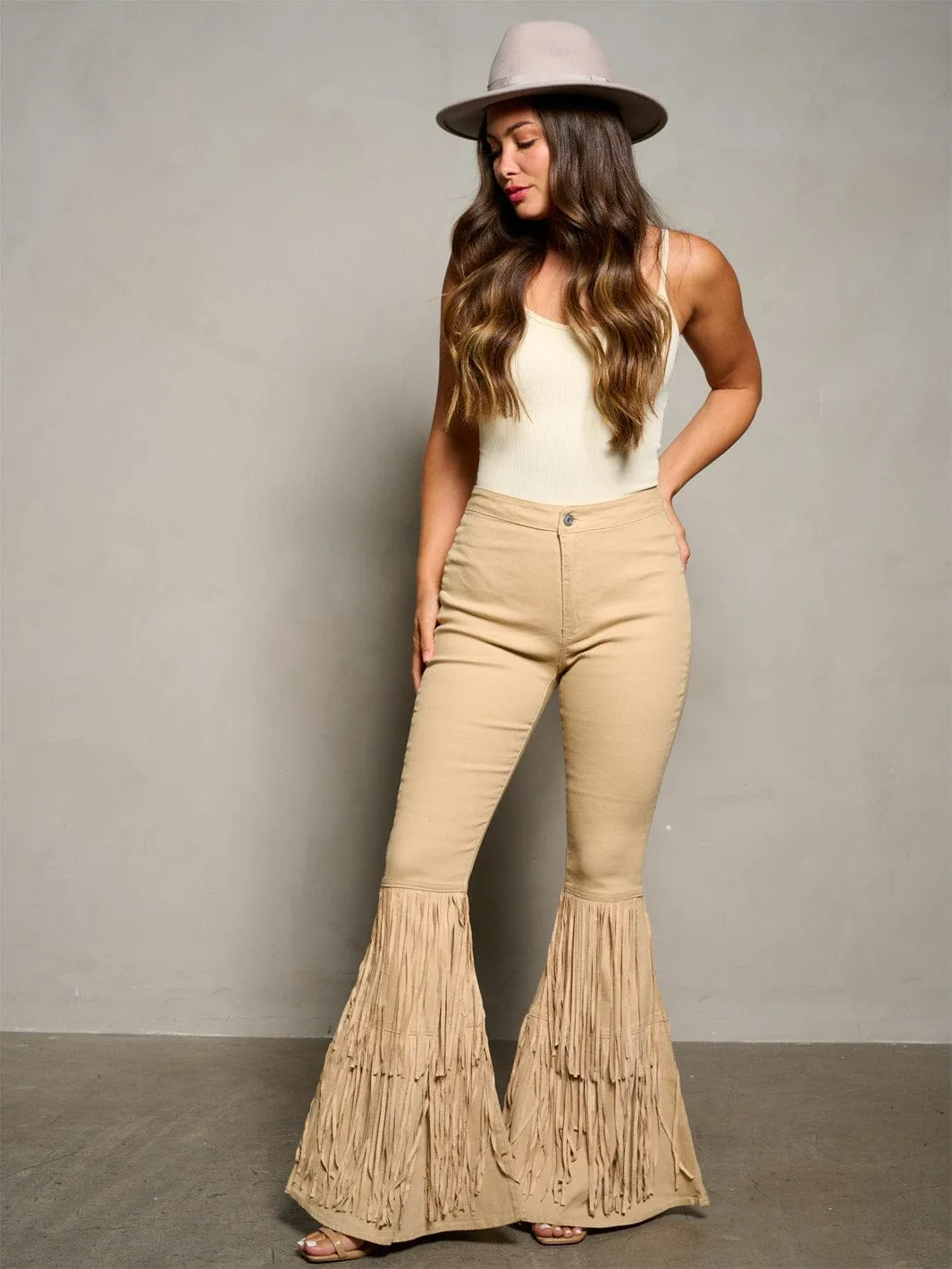 WOMEN'S BUTTON CLOSURE BELL FRINGE LEGS DENIM PANTS
