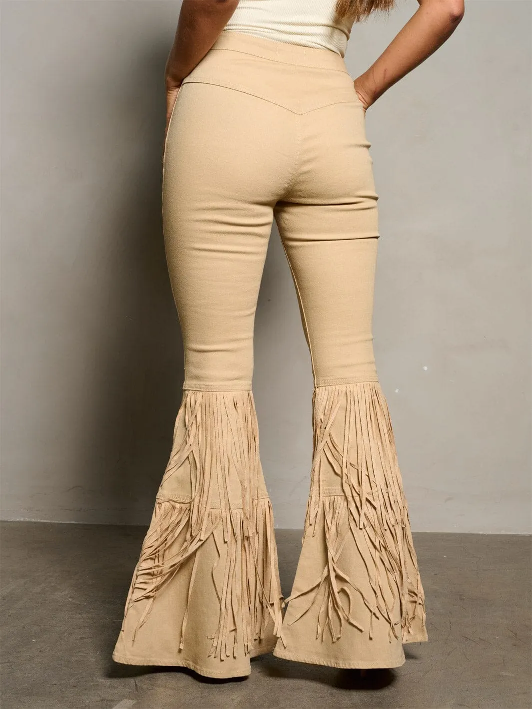WOMEN'S BUTTON CLOSURE BELL FRINGE LEGS DENIM PANTS