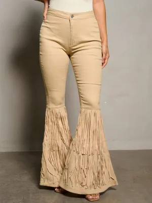WOMEN'S BUTTON CLOSURE BELL FRINGE LEGS DENIM PANTS