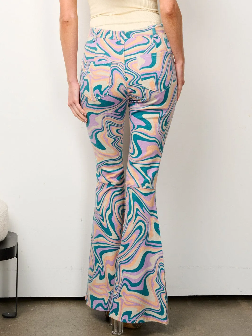 WOMEN'S BUTTON CLOSURE COLORBLOCK BELL LEGS DENIM PANTS