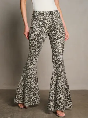 WOMEN'S BUTTON CLOSURE DISTRESSED LEOPARD PRINT BELL BOTTOMS DENIM PANTS