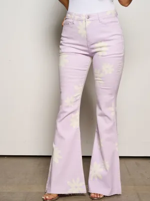 WOMEN'S BUTTON CLOSURE POCKETS FLOWERS BELL LEGS DENIM PANTS