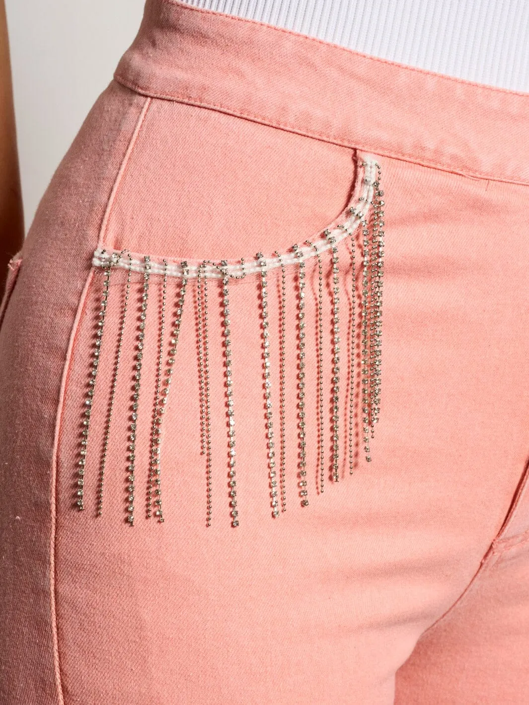 WOMEN'S BUTTON CLOSURE POCKETS FRINGE BELL LEGS DENIM PANTS