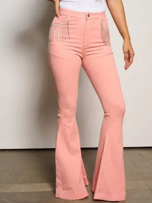 WOMEN'S BUTTON CLOSURE POCKETS FRINGE BELL LEGS DENIM PANTS