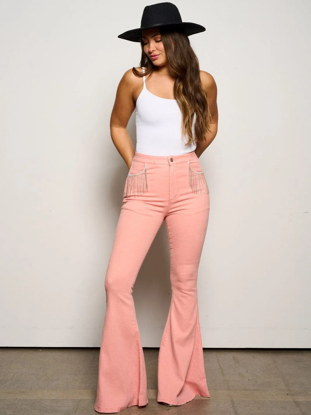 WOMEN'S BUTTON CLOSURE POCKETS FRINGE BELL LEGS DENIM PANTS