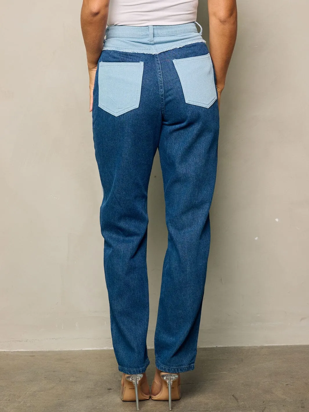 WOMEN'S BUTTON CLOSURE POCKETS TWO TONE DENIM PANTS