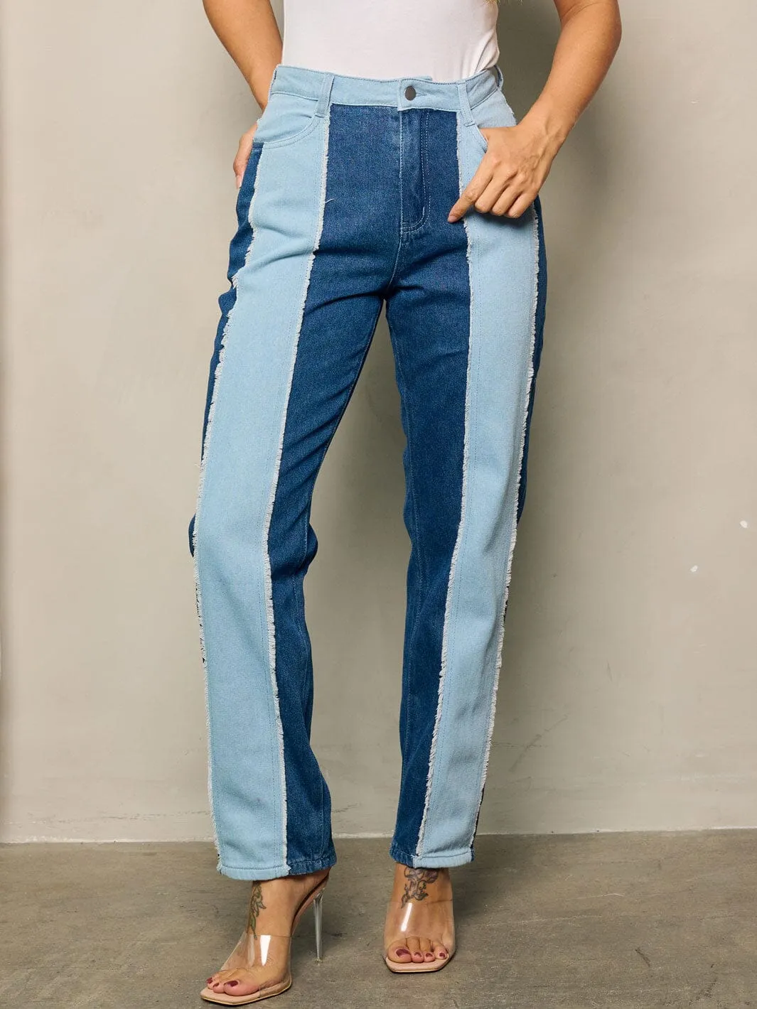 WOMEN'S BUTTON CLOSURE POCKETS TWO TONE DENIM PANTS