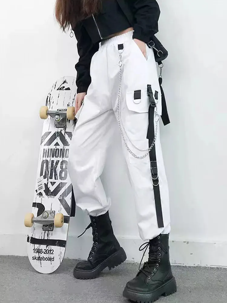 Women's Cargo Pants Harem Pants Street Fashion Punk Trousers with Pockets & Chain High Waist Streetwear