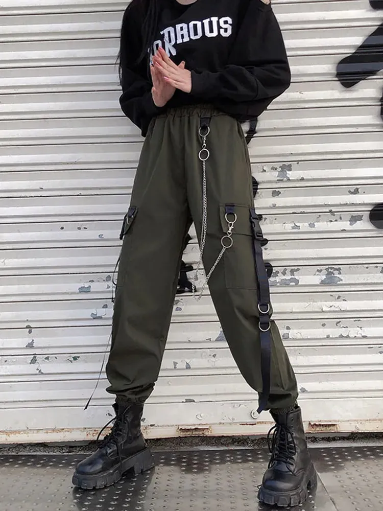 Women's Cargo Pants Harem Pants Street Fashion Punk Trousers with Pockets & Chain High Waist Streetwear