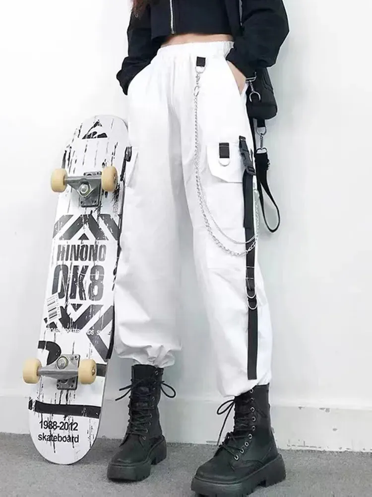 Women's Cargo Pants Harem Pants Street Fashion Punk Trousers with Pockets & Chain High Waist Streetwear
