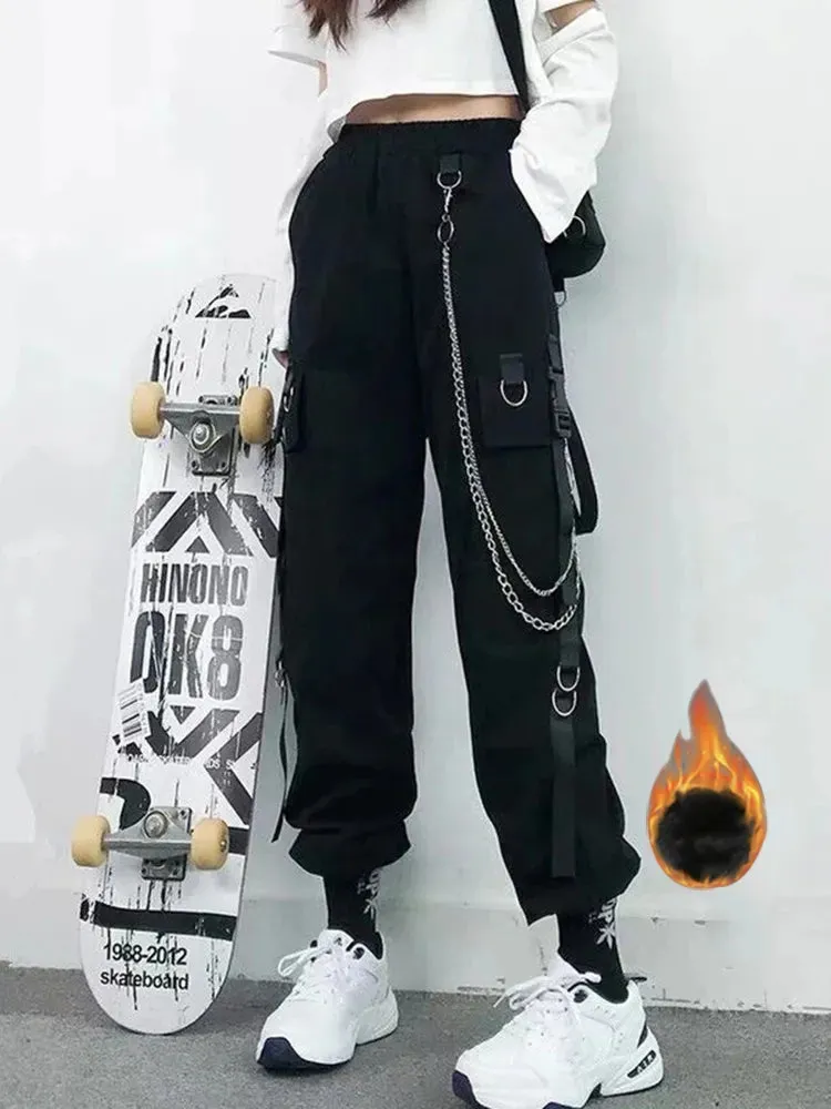 Women's Cargo Pants Harem Pants Street Fashion Punk Trousers with Pockets & Chain High Waist Streetwear