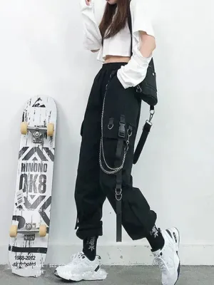 Women's Cargo Pants Harem Pants Street Fashion Punk Trousers with Pockets & Chain High Waist Streetwear
