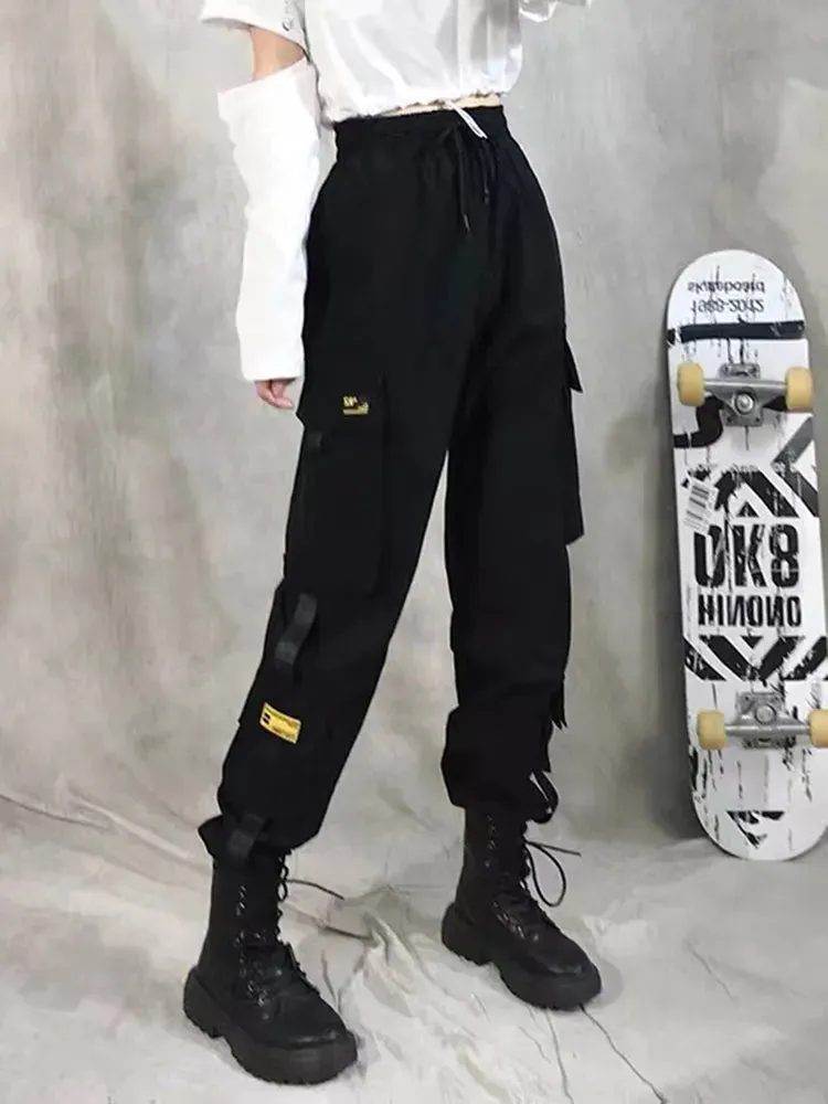 Women's Cargo Pants Harem Pants Street Fashion Punk Trousers with Pockets & Chain High Waist Streetwear