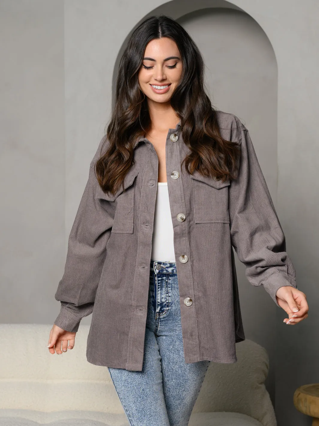 WOMEN'S CORDUROY COLLAR WITH FRONT POCKET JACKET
