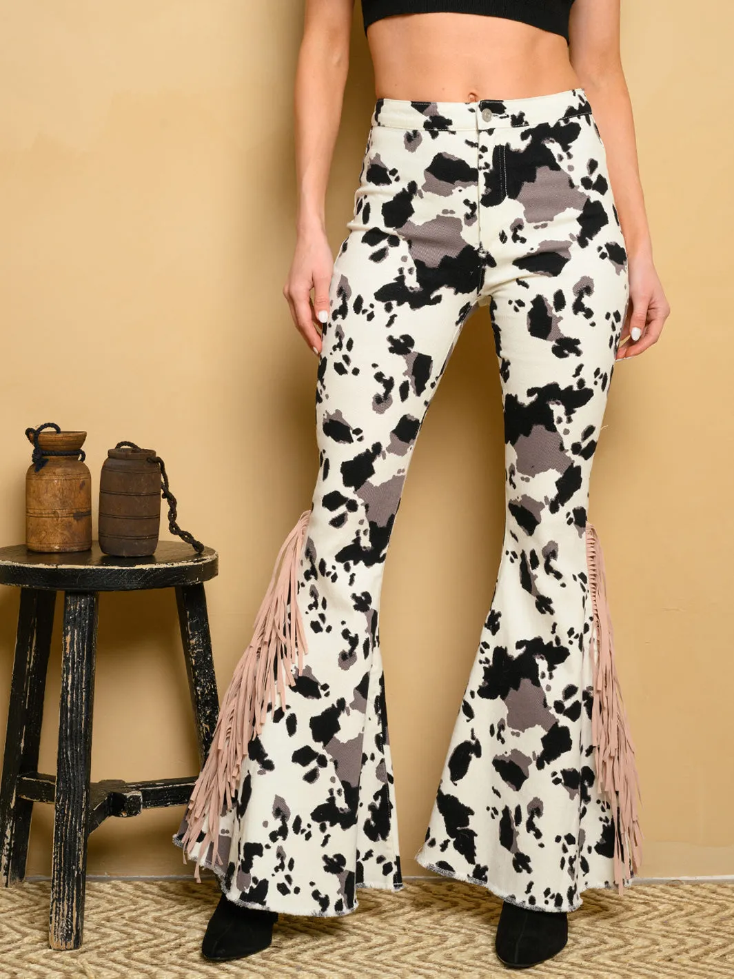 WOMEN'S COW PRINT SIDE FRINGE BELL BOTTOMS PANTS