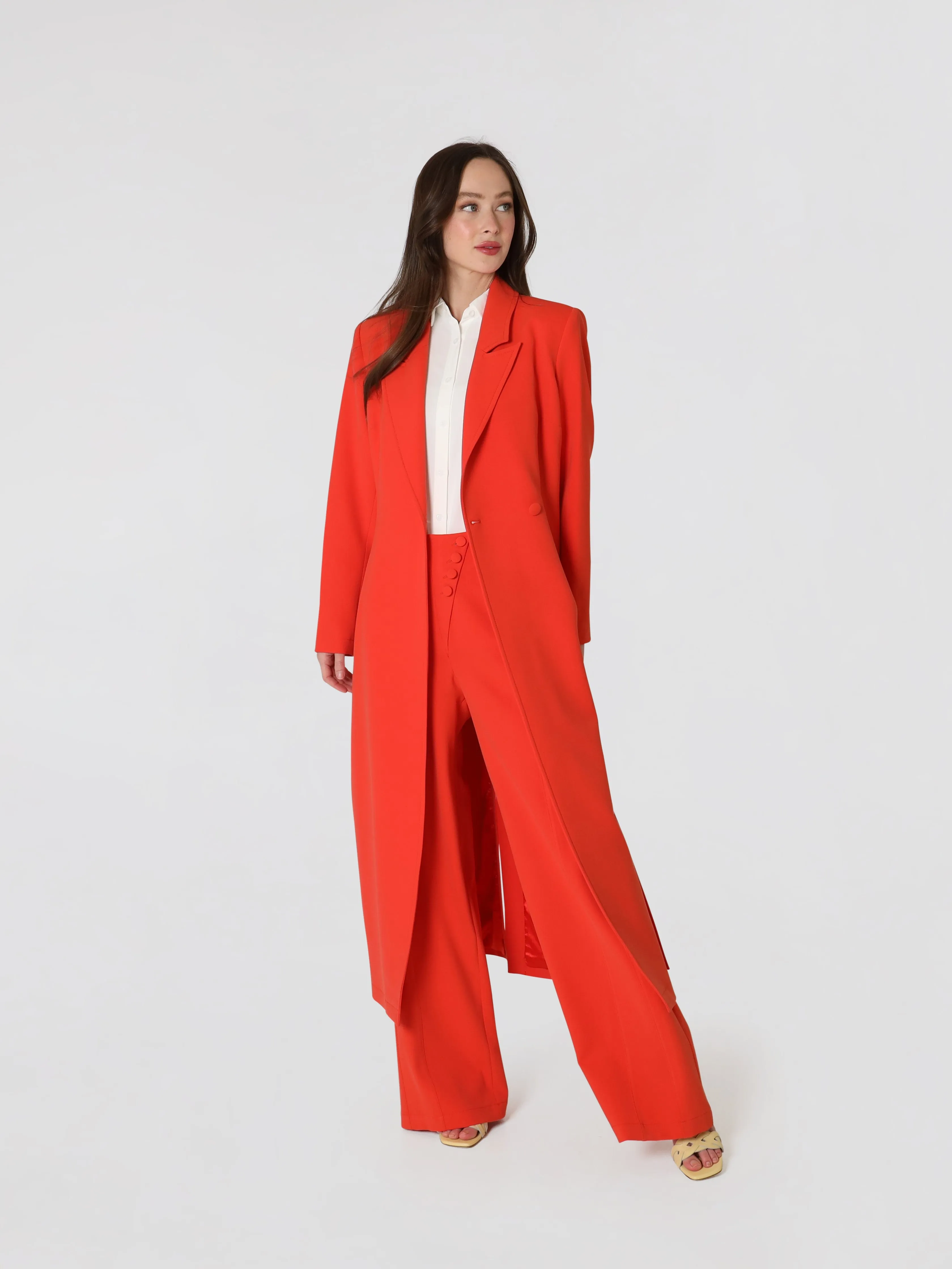Women's Double Breasted Notched Lapel Long Coat In Red Orange