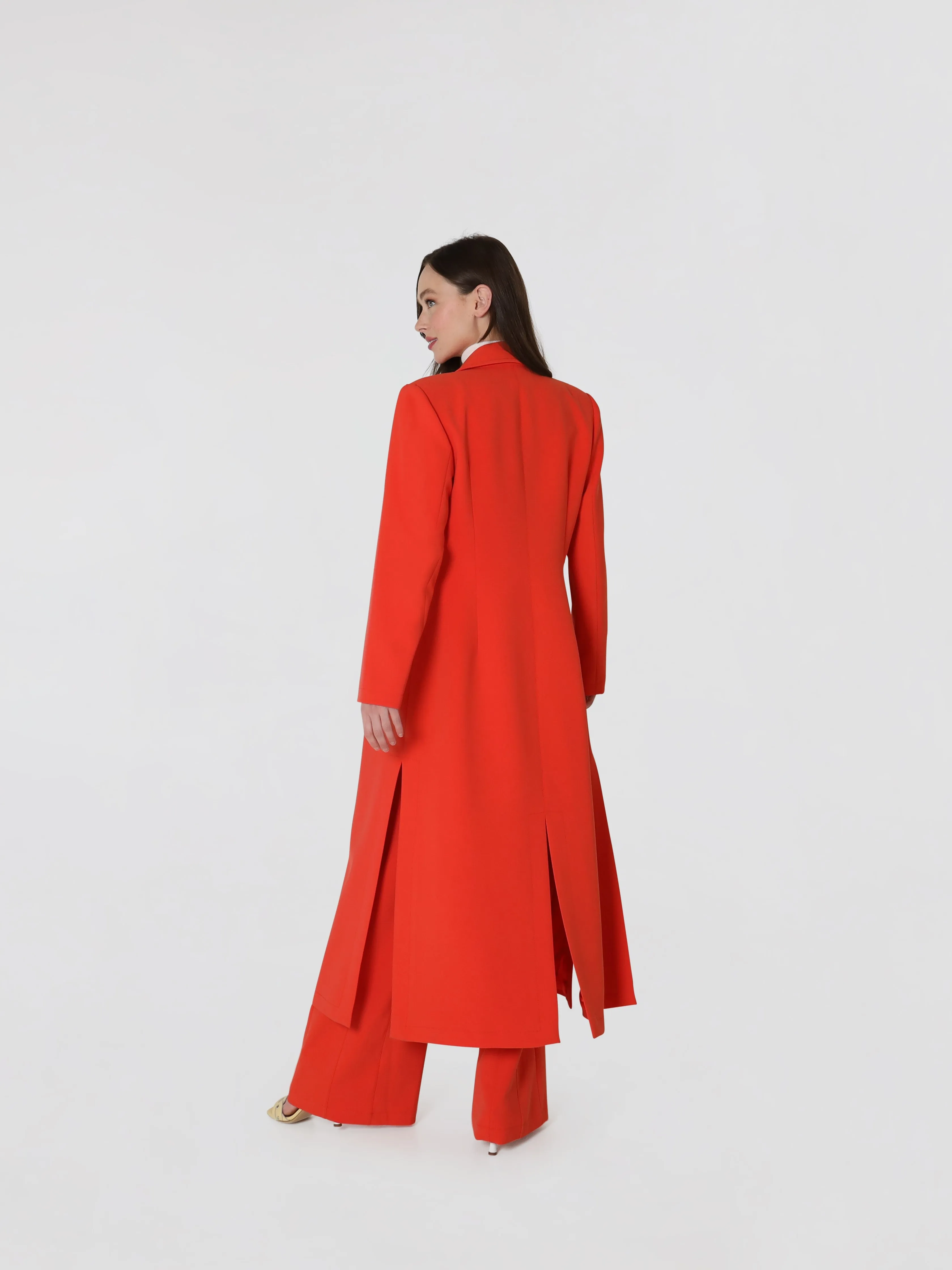 Women's Double Breasted Notched Lapel Long Coat In Red Orange