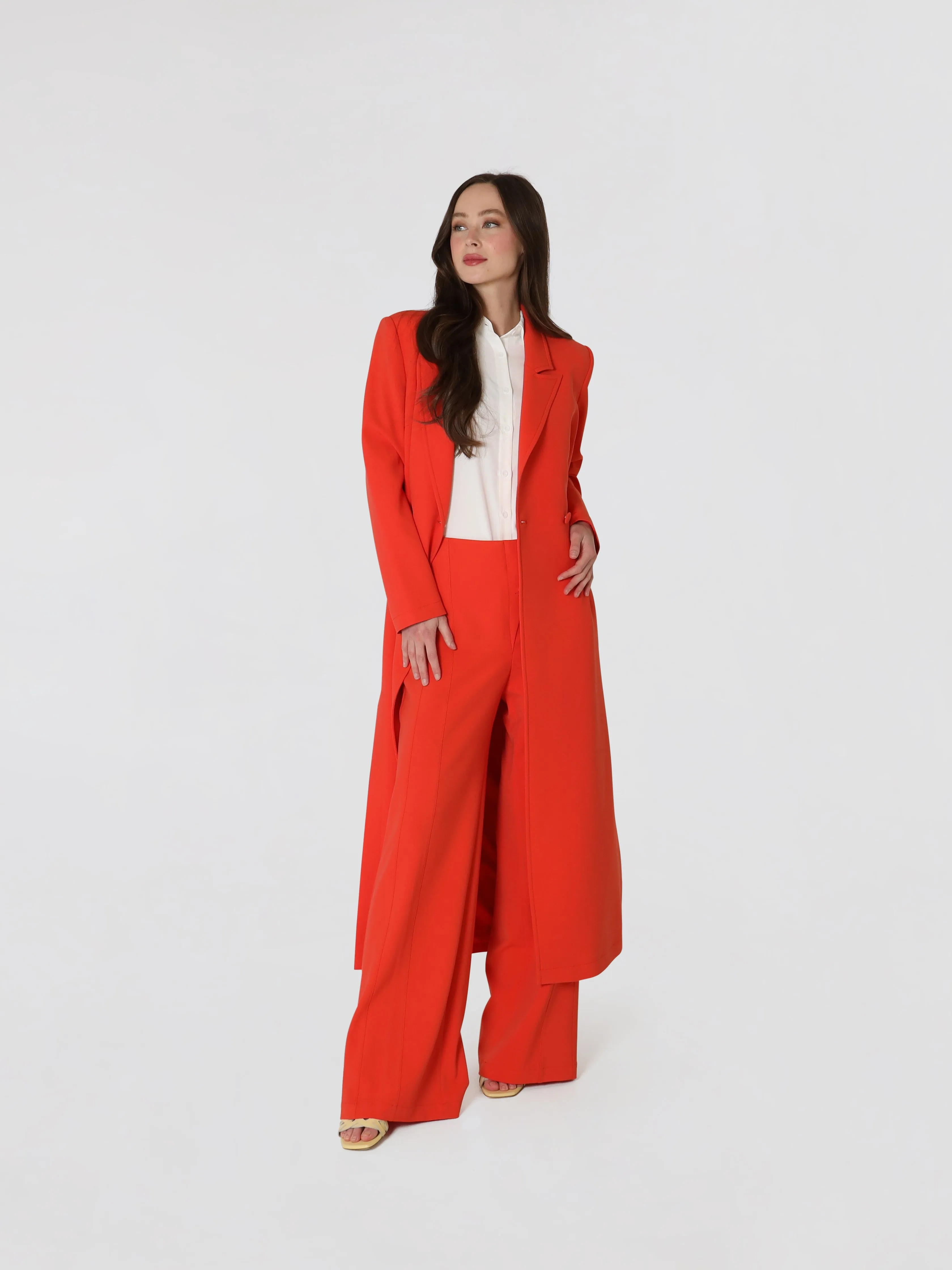 Women's Double Breasted Notched Lapel Long Coat In Red Orange