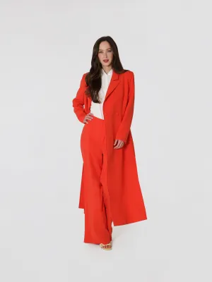 Women's Double Breasted Notched Lapel Long Coat In Red Orange