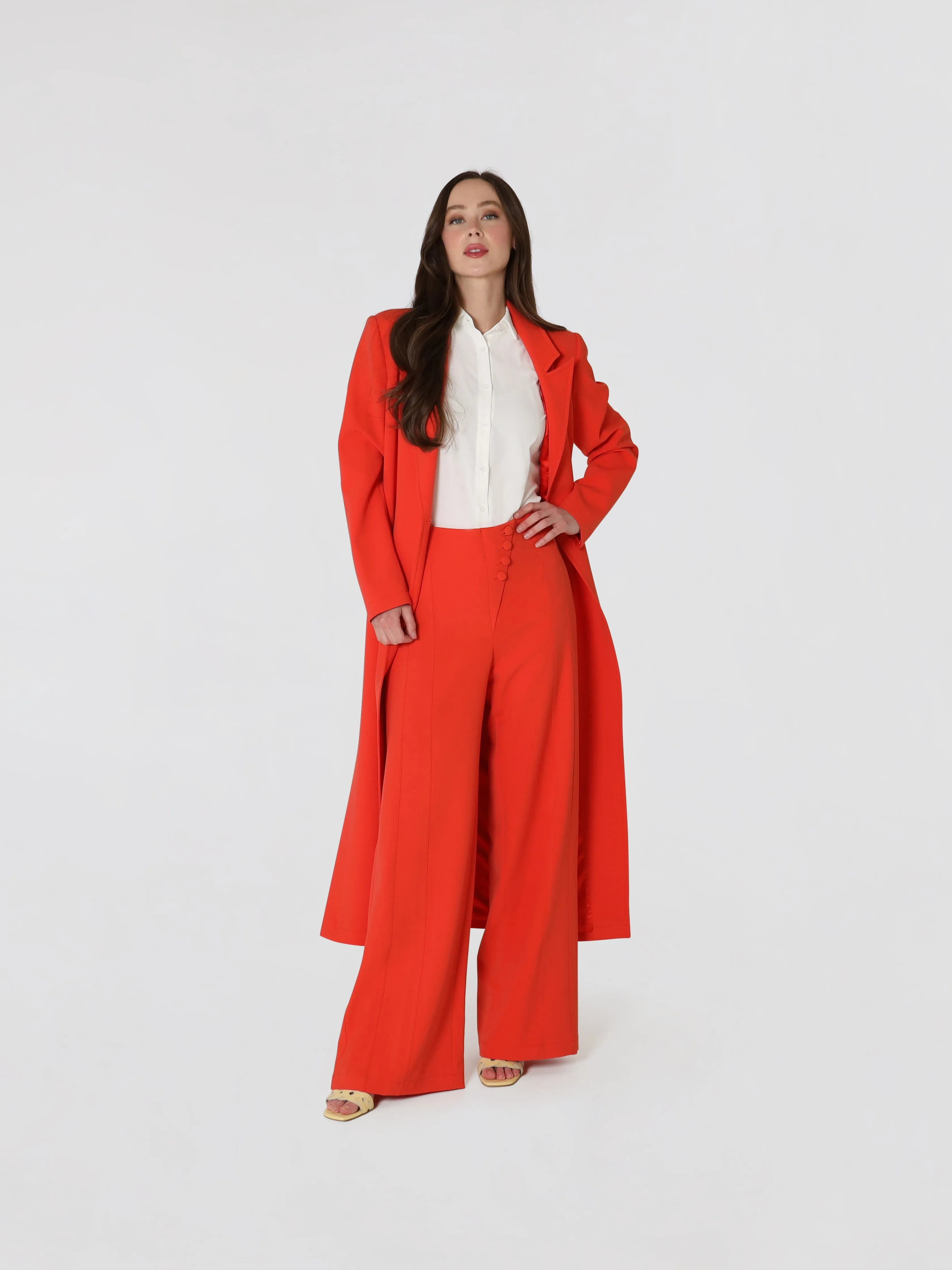 Women's Double Breasted Notched Lapel Long Coat In Red Orange