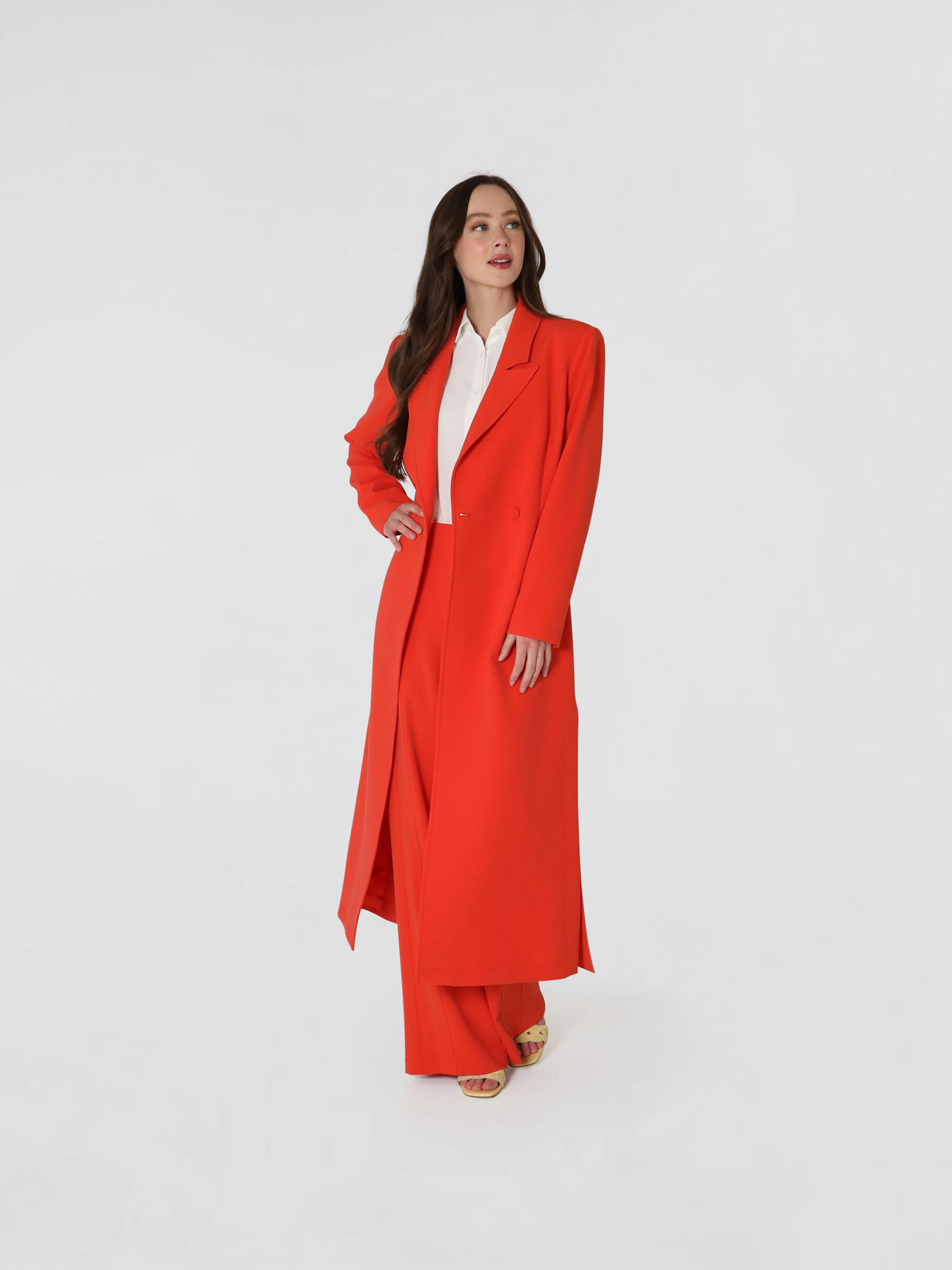 Women's Double Breasted Notched Lapel Long Coat In Red Orange