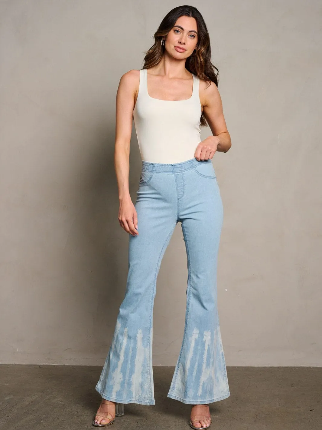 WOMEN'S ELASTIC WAIST BELL BOTTOMS DENIM PANTS