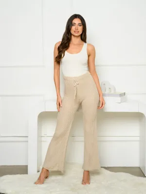 WOMEN'S ELASTIC WAIST SELF TIE RIBBED BELL BOTTOMS