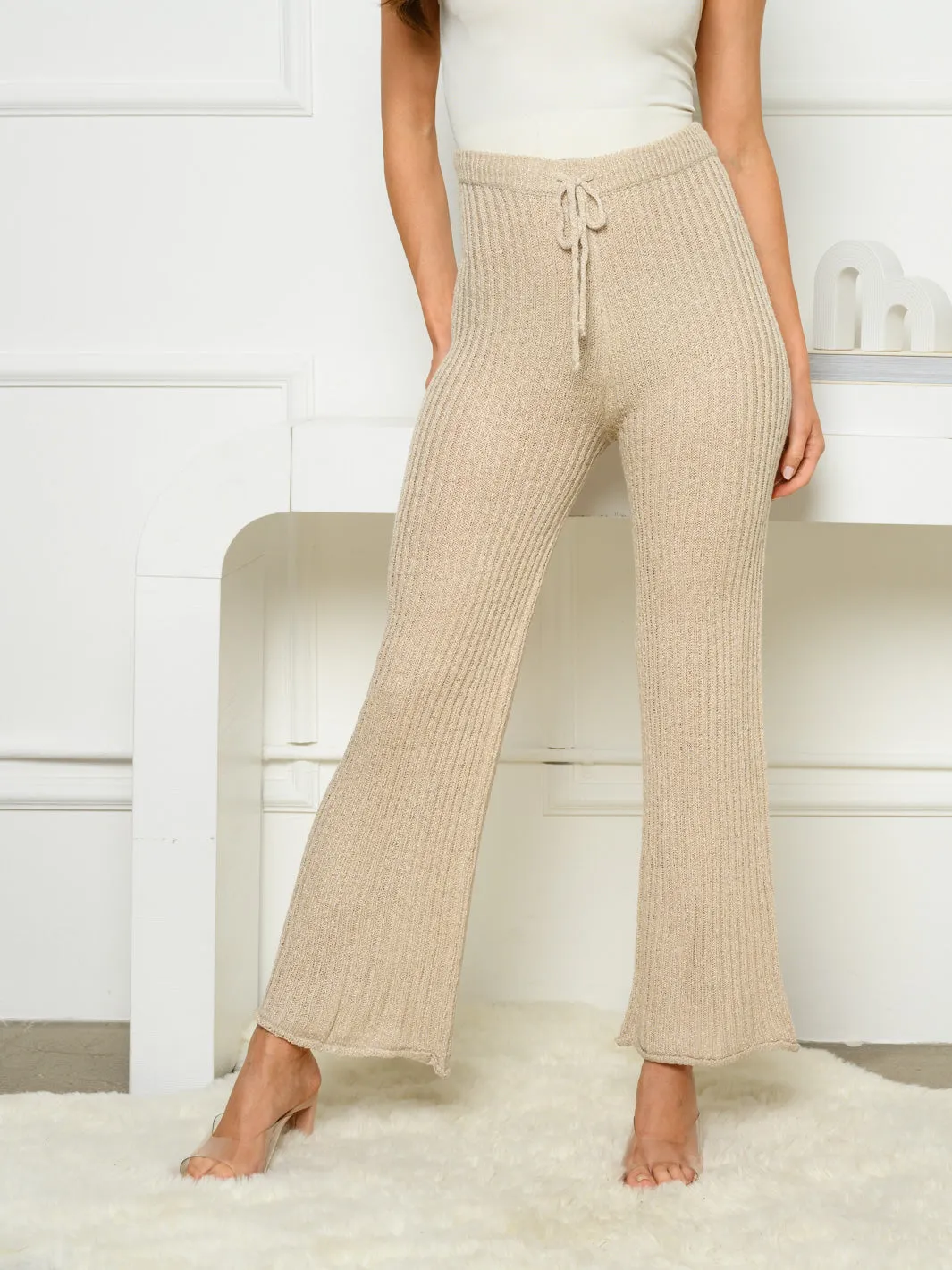 WOMEN'S ELASTIC WAIST SELF TIE RIBBED BELL BOTTOMS