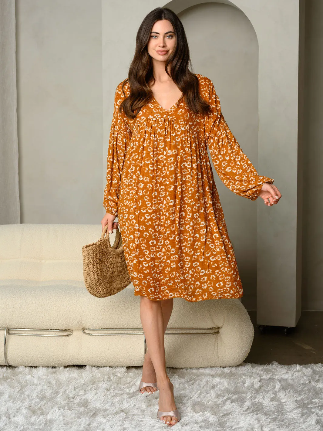WOMEN'S FLORAL PRINT V-NECKLONG SLEEVE MINI DRESS