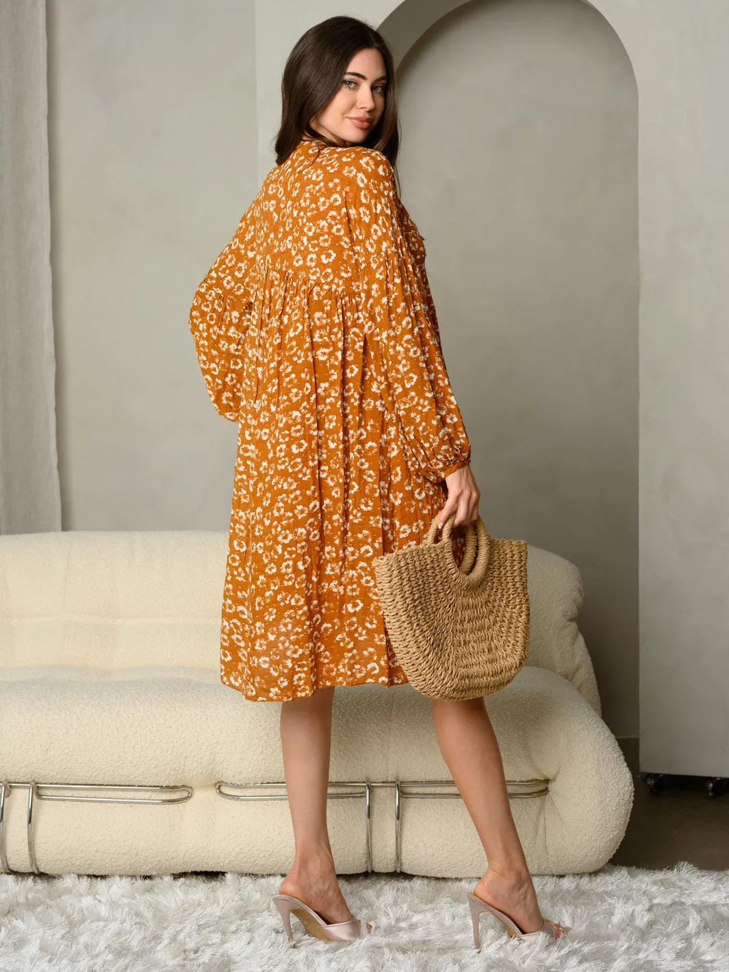 WOMEN'S FLORAL PRINT V-NECKLONG SLEEVE MINI DRESS