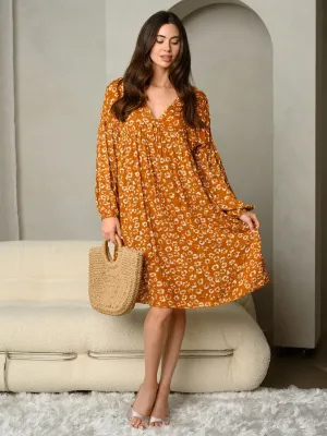 WOMEN'S FLORAL PRINT V-NECKLONG SLEEVE MINI DRESS