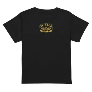 Women’s high-waisted t-shirt - Winged Wheel - Black/Gold