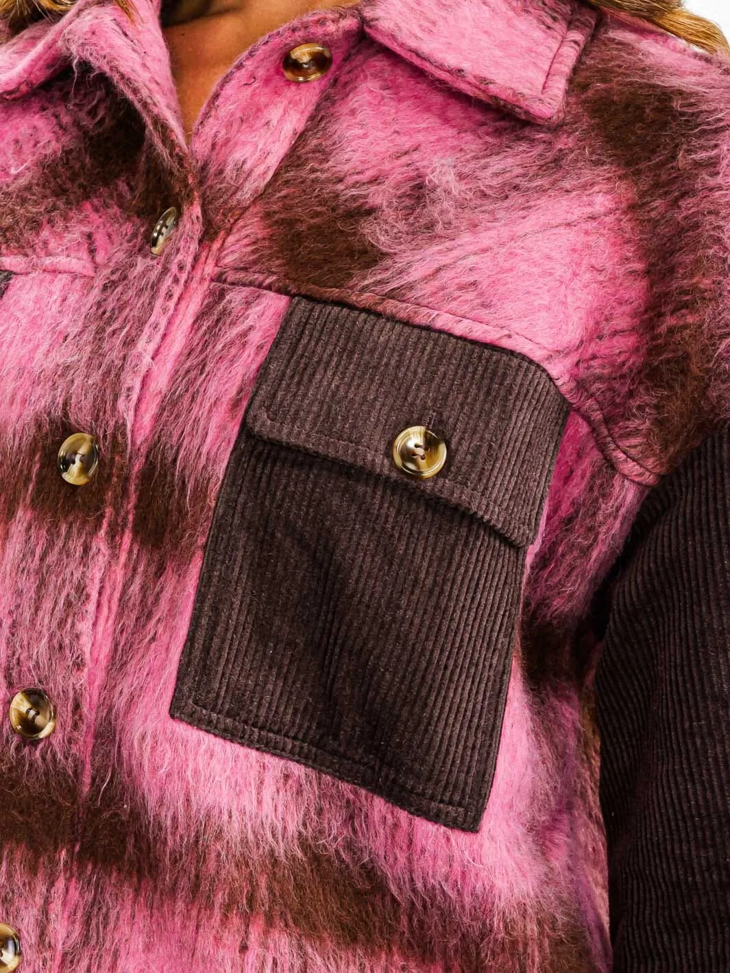 WOMEN'S LONG SLEEVE BUTTON CLOSURE COLORBLOCK CORDUROY JACKET