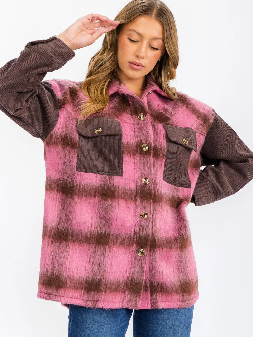 WOMEN'S LONG SLEEVE BUTTON CLOSURE COLORBLOCK CORDUROY JACKET