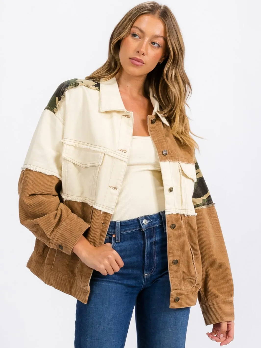 WOMEN'S LONG SLEEVE BUTTON CLOSURE CORDUROY COLORBLOCK DENIMI JACKET