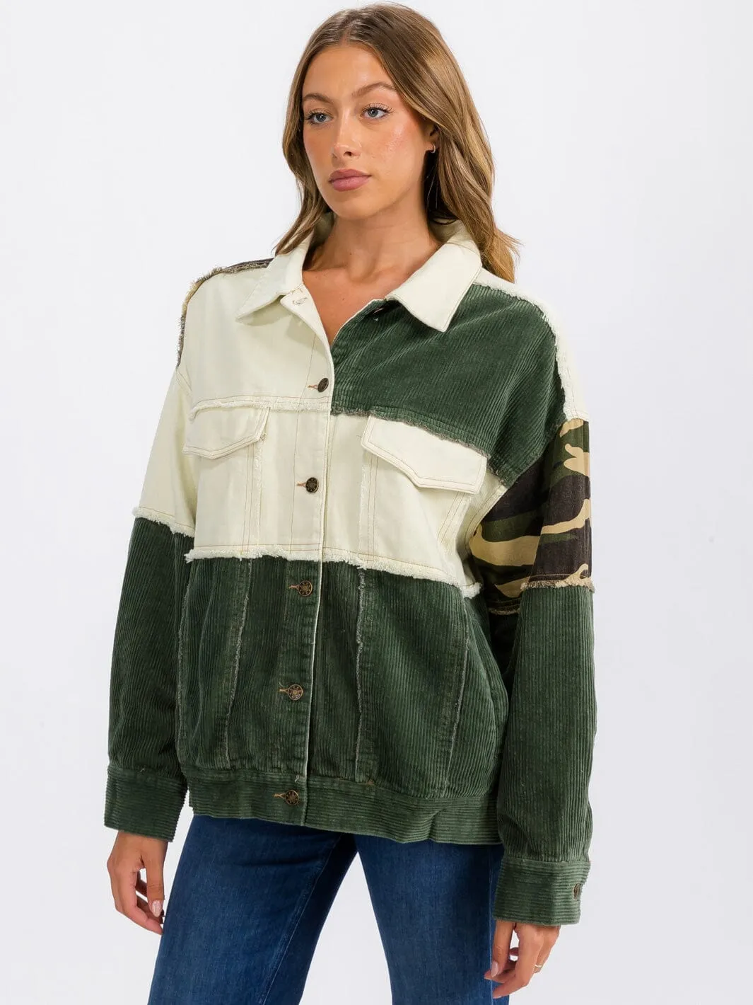 WOMEN'S LONG SLEEVE BUTTON CLOSURE CORDUROY COLORBLOCK DENIMI JACKET
