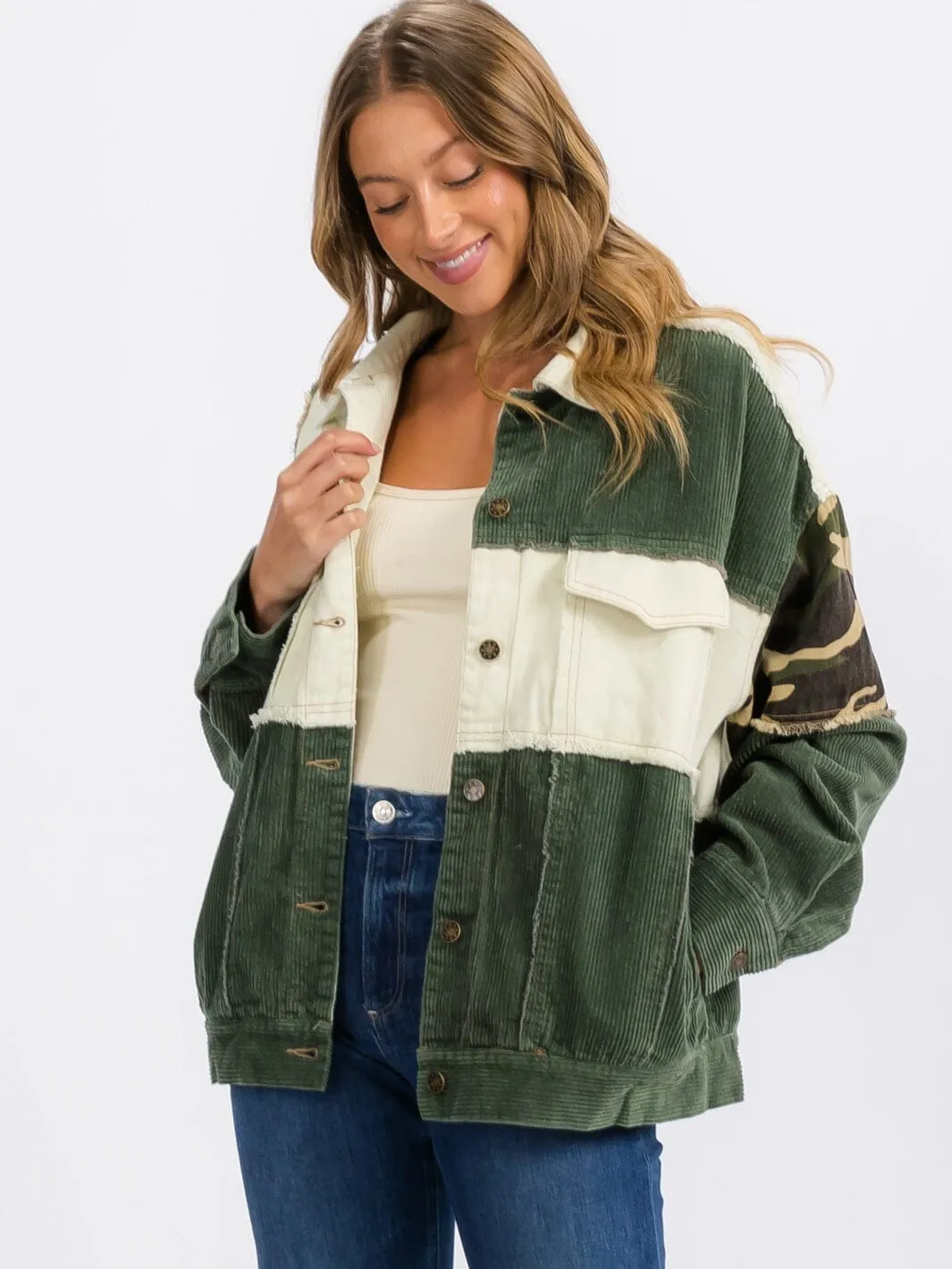 WOMEN'S LONG SLEEVE BUTTON CLOSURE CORDUROY COLORBLOCK DENIMI JACKET