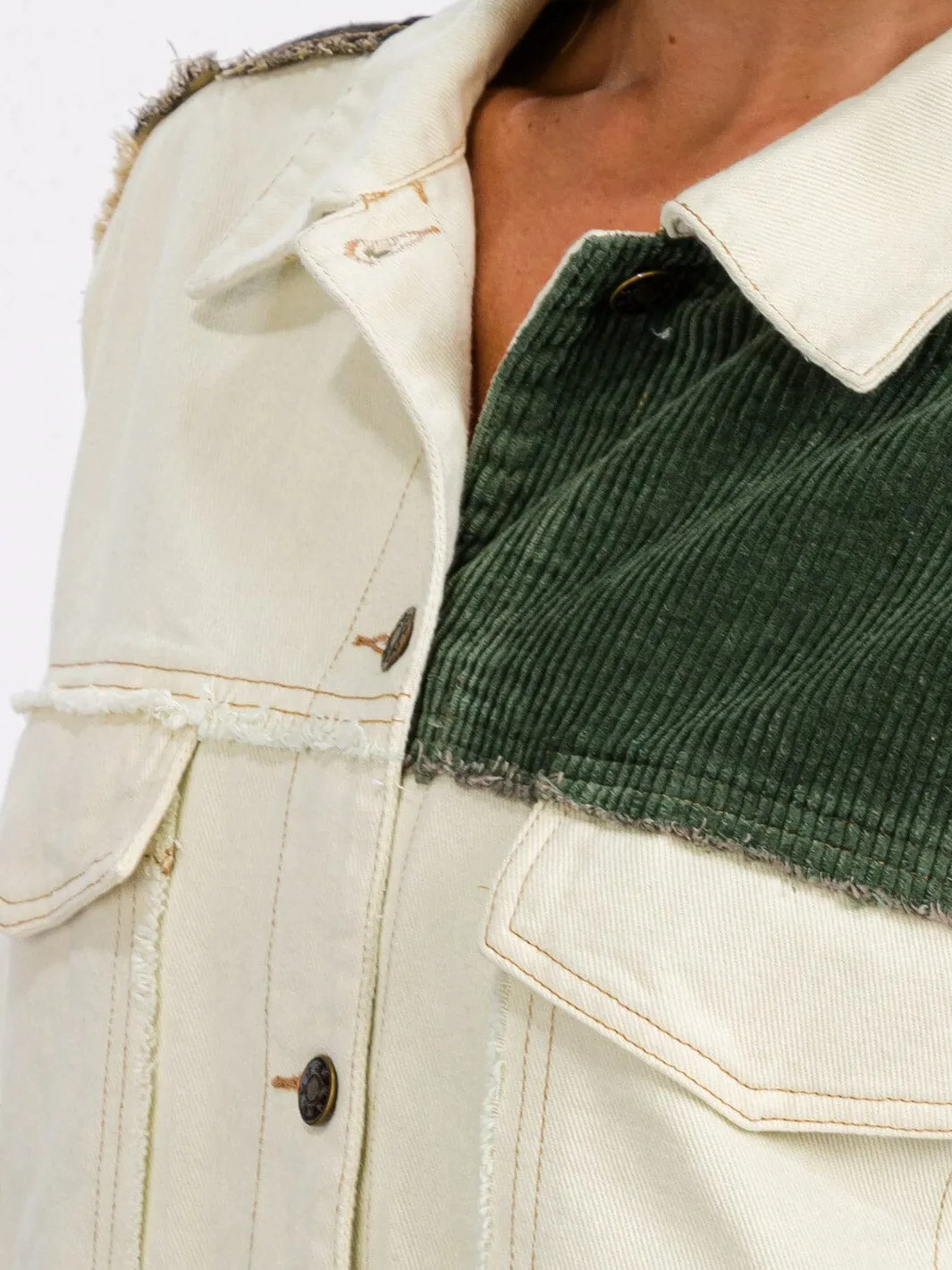 WOMEN'S LONG SLEEVE BUTTON CLOSURE CORDUROY COLORBLOCK DENIMI JACKET