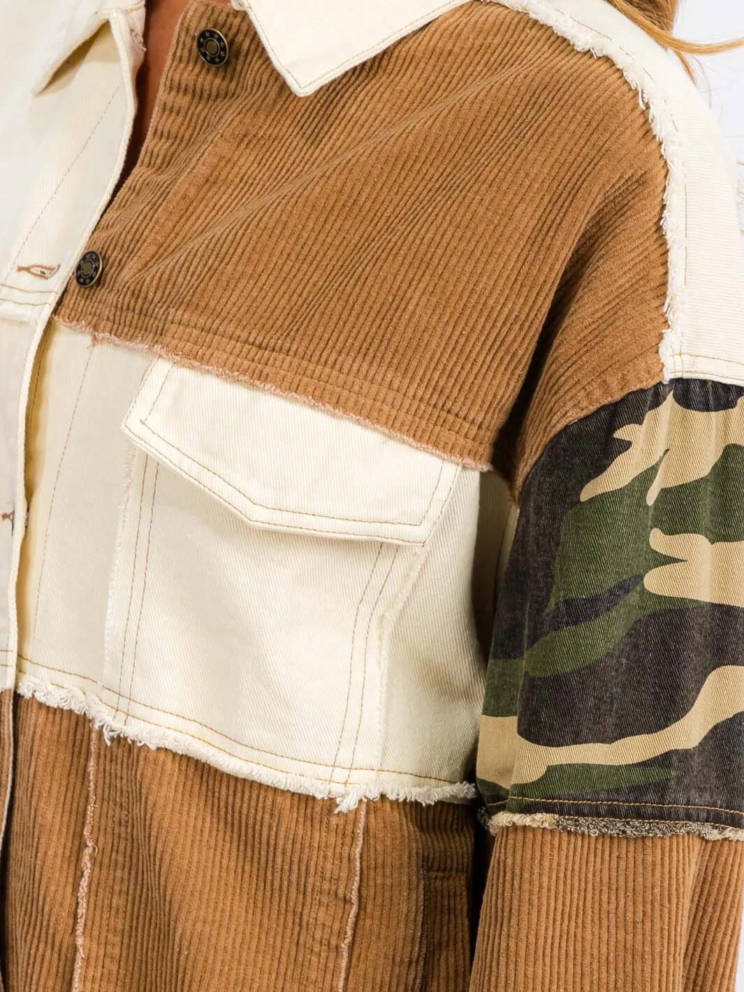 WOMEN'S LONG SLEEVE BUTTON CLOSURE CORDUROY COLORBLOCK DENIMI JACKET