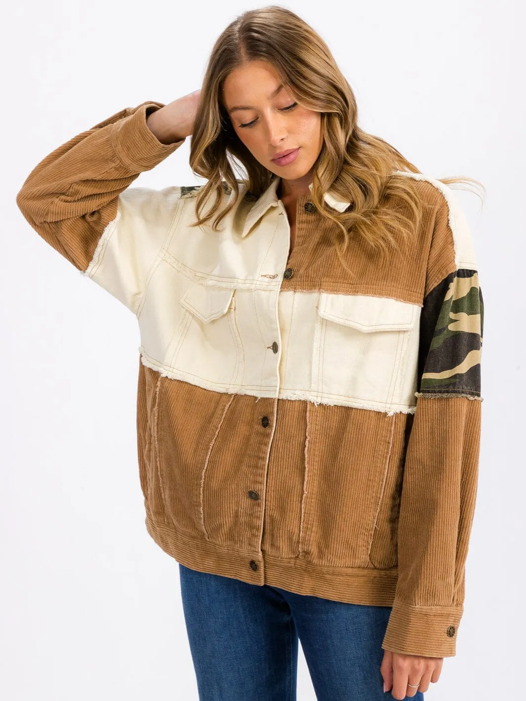 WOMEN'S LONG SLEEVE BUTTON CLOSURE CORDUROY COLORBLOCK DENIMI JACKET