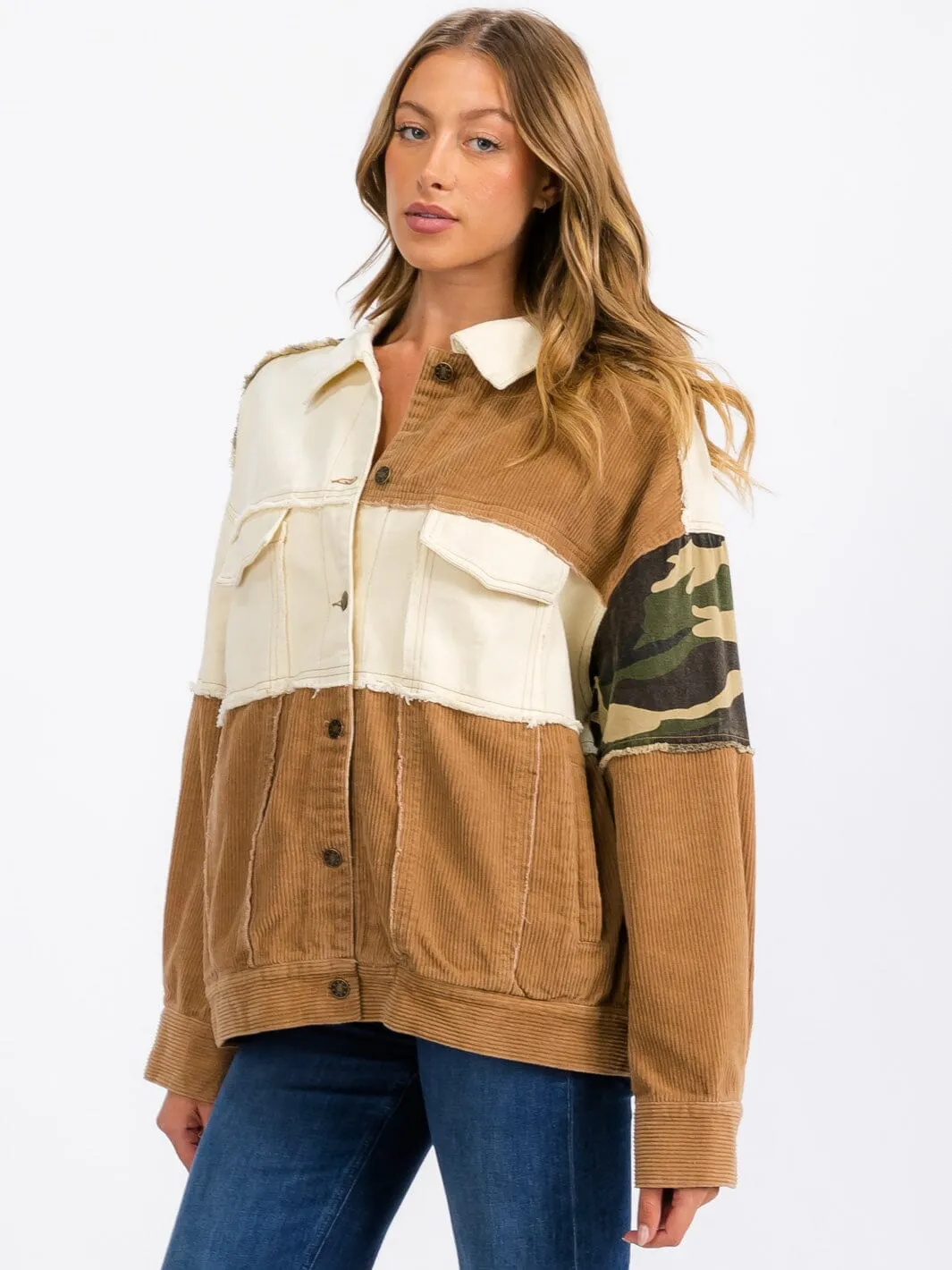 WOMEN'S LONG SLEEVE BUTTON CLOSURE CORDUROY COLORBLOCK DENIMI JACKET