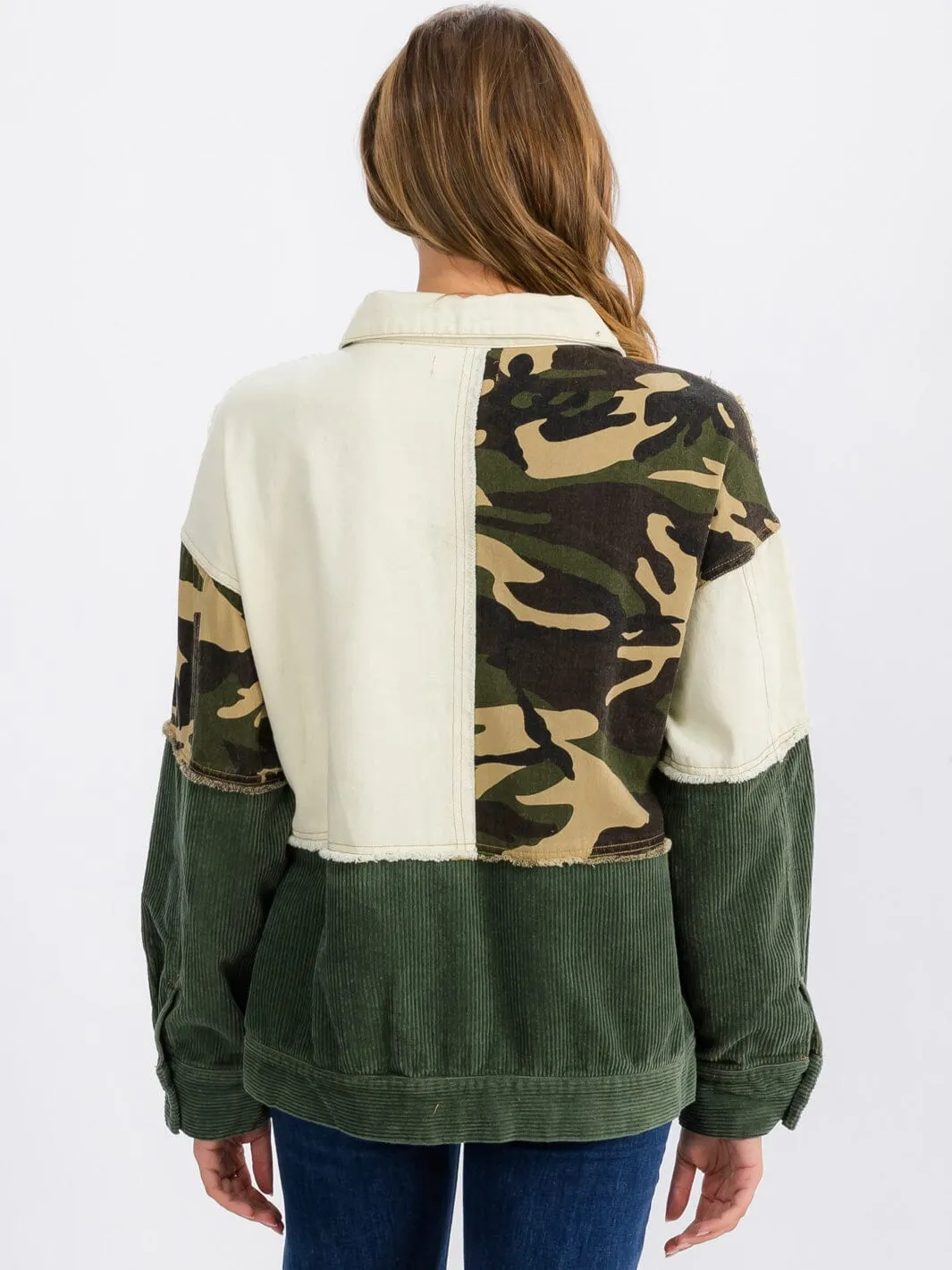 WOMEN'S LONG SLEEVE BUTTON CLOSURE CORDUROY COLORBLOCK DENIMI JACKET