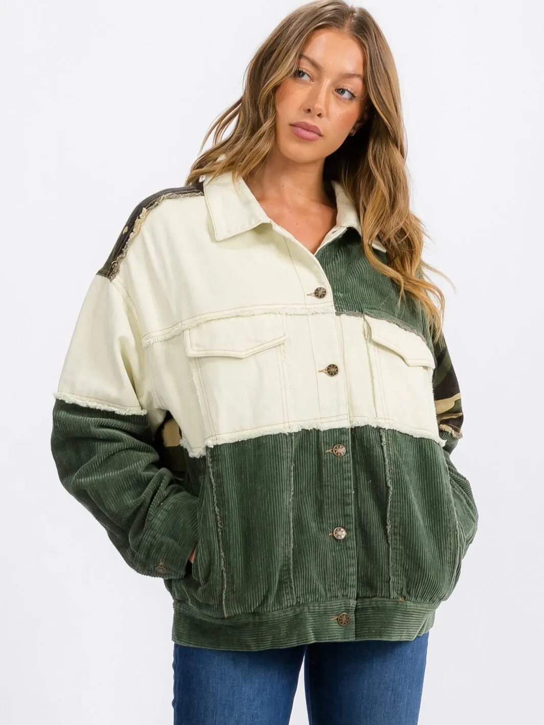 WOMEN'S LONG SLEEVE BUTTON CLOSURE CORDUROY COLORBLOCK DENIMI JACKET