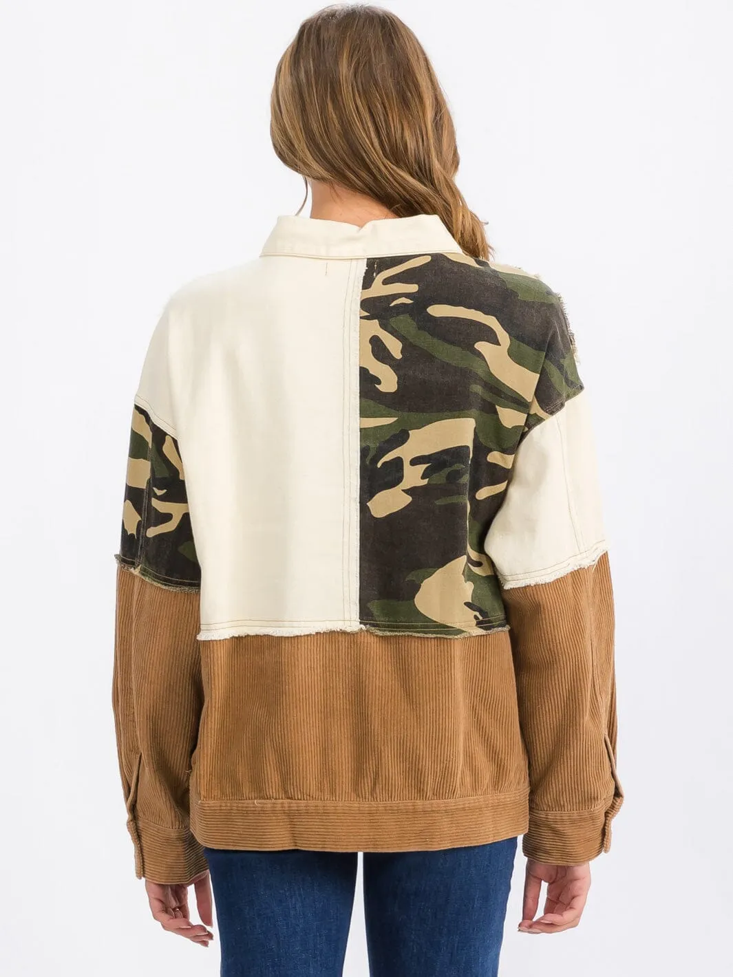 WOMEN'S LONG SLEEVE BUTTON CLOSURE CORDUROY COLORBLOCK DENIMI JACKET
