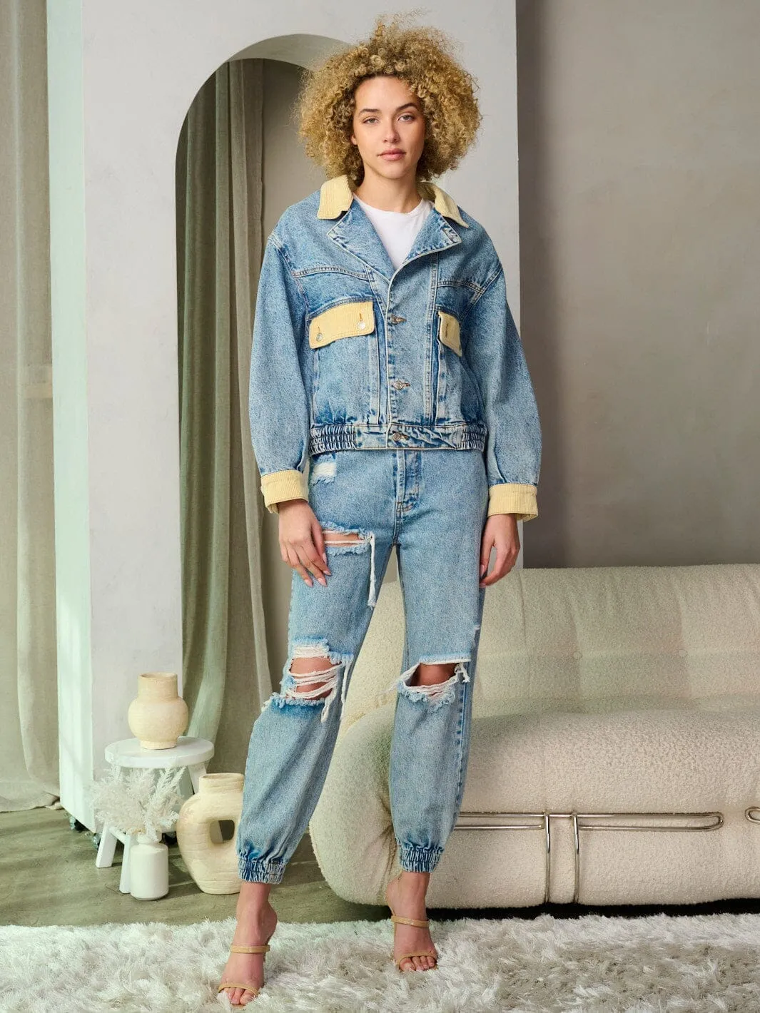 WOMEN'S LONG SLEEVE BUTTON CLOSURE CORDUROY DENIM JACKET