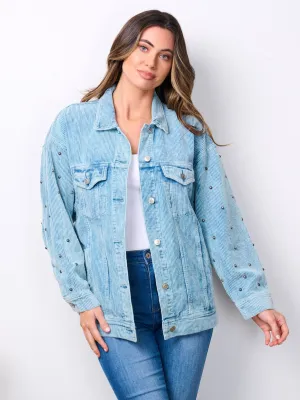 WOMEN'S LONG SLEEVE BUTTON CLOSURE STUDS DETAILED CORDUROY JACKET