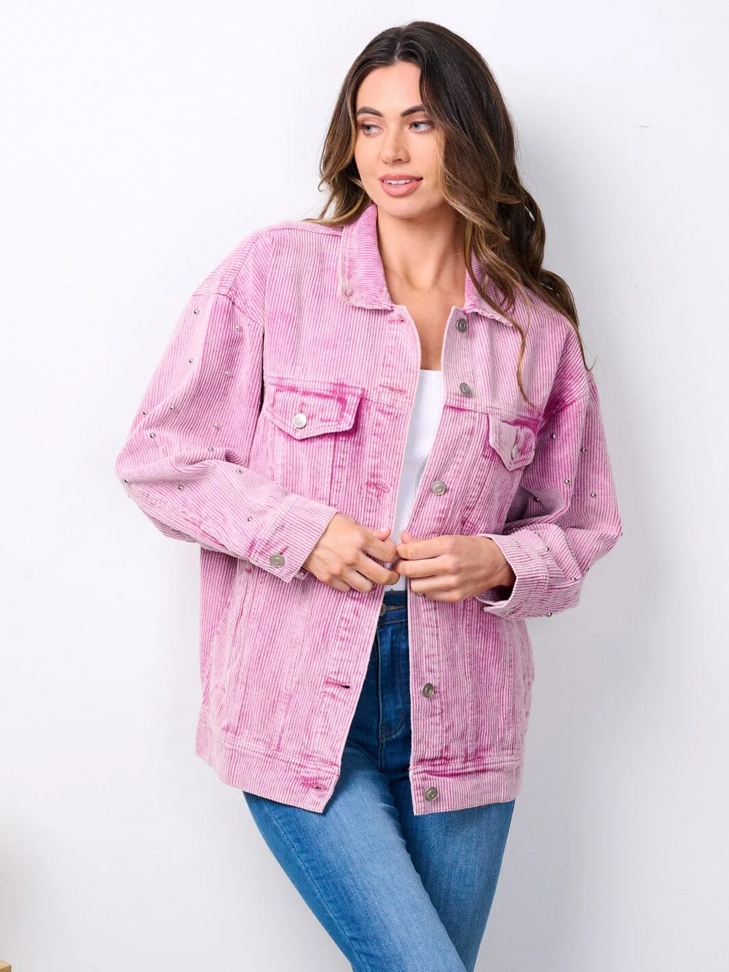 WOMEN'S LONG SLEEVE BUTTON CLOSURE STUDS DETAILED CORDUROY JACKET