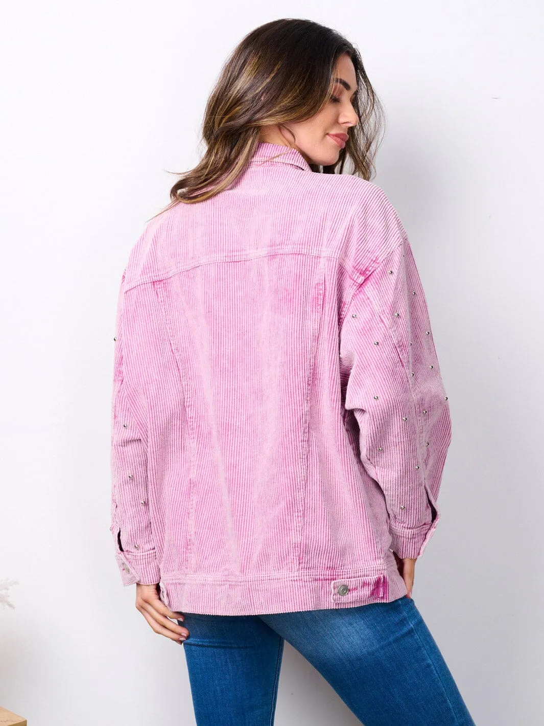 WOMEN'S LONG SLEEVE BUTTON CLOSURE STUDS DETAILED CORDUROY JACKET