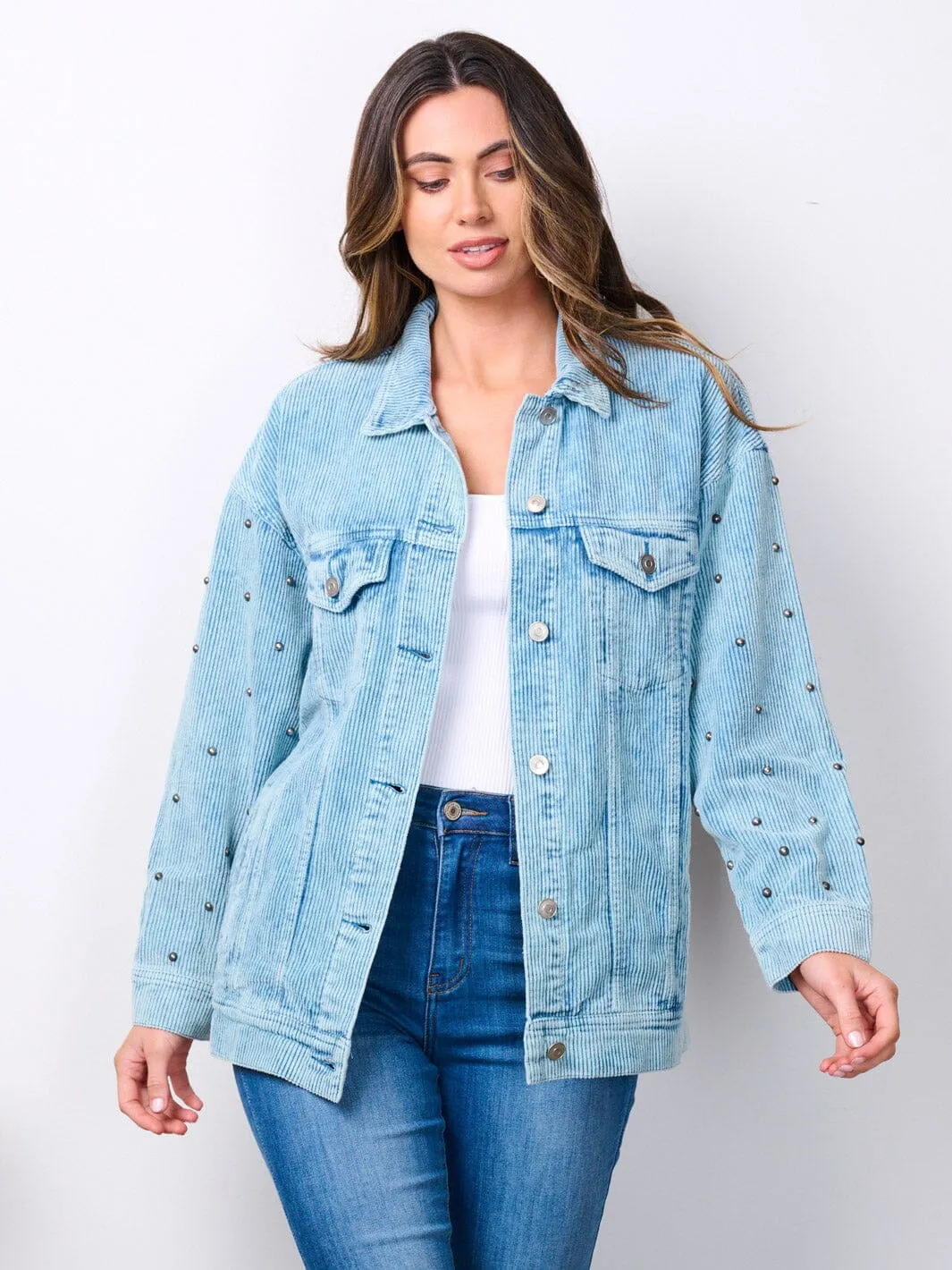 WOMEN'S LONG SLEEVE BUTTON CLOSURE STUDS DETAILED CORDUROY JACKET