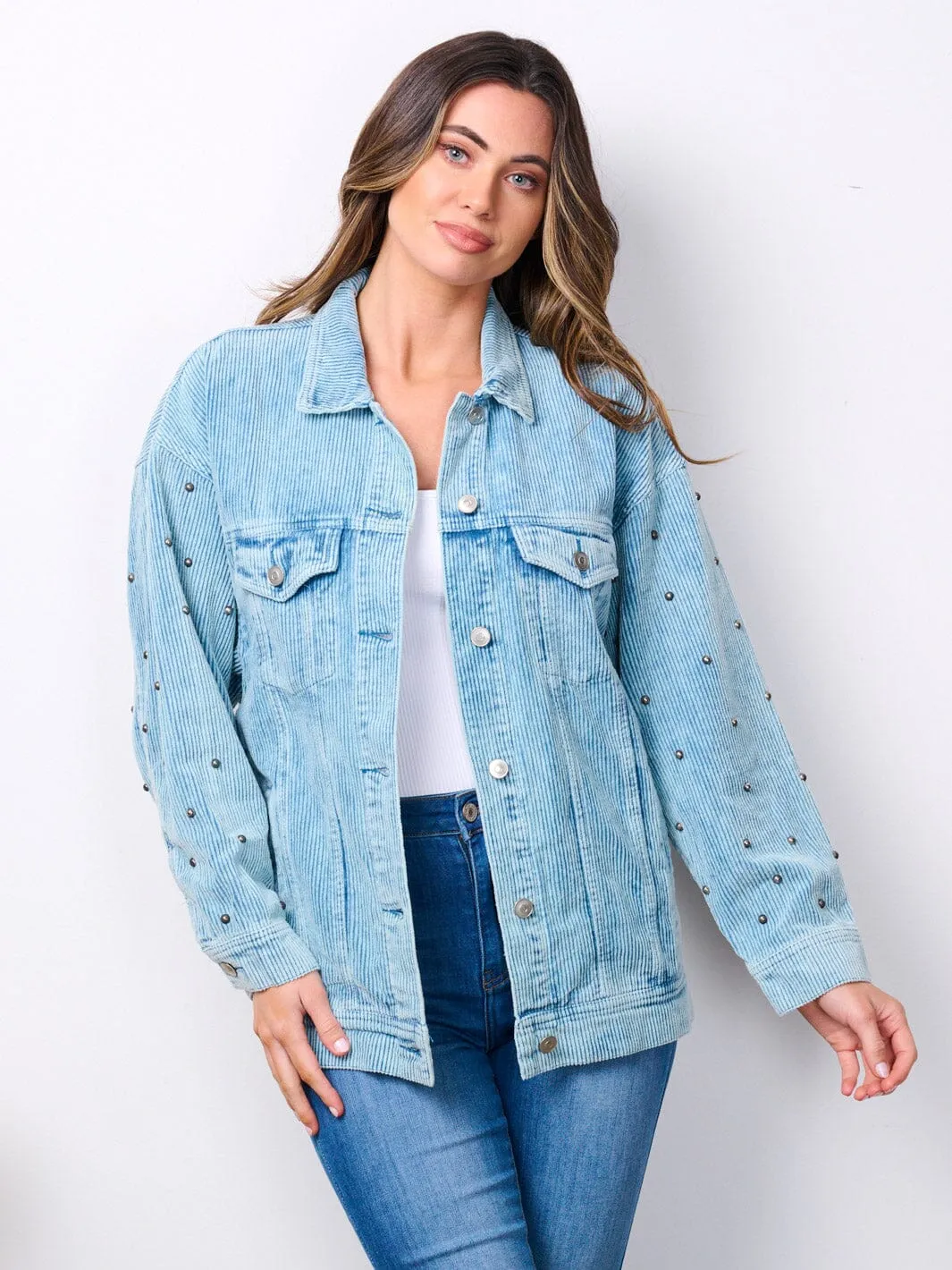 WOMEN'S LONG SLEEVE BUTTON CLOSURE STUDS DETAILED CORDUROY JACKET